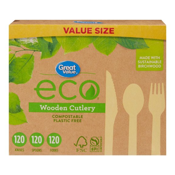Great Value eco Couverts en Bois, 360 Pcs