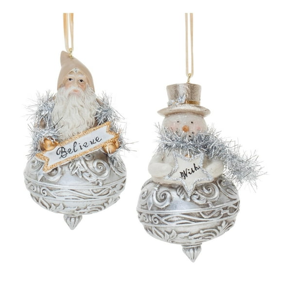 Melrose Ornate Santa and Snowman Christmas Finial Ornaments - 4.5"" - Silver and White - 6ct