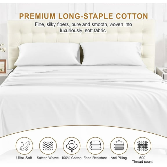 Cotton Queen Sheet Set, 600 Thread Count Cotton Bed Sheets Sateen Soft Cotton Queen Size Sheet Set Deep Pocket, 4 Pc Bed Sheet Set - 1 Flat Sheet, 1 Fitted Sheet, 2 Pillowcases, White