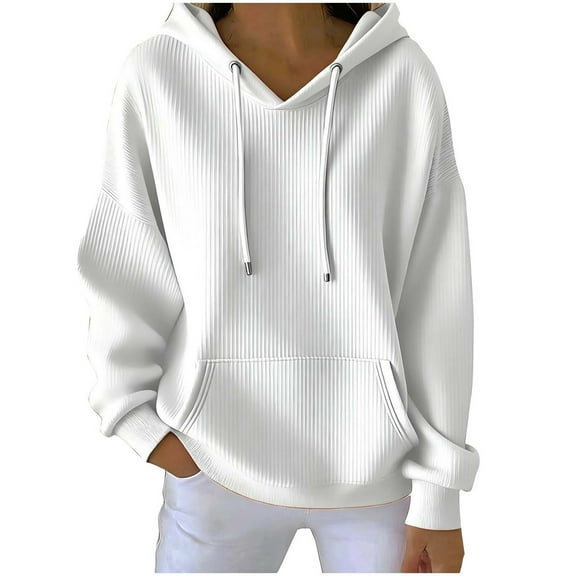 Lmnyox Women's Cotton Hoodies with Pocket Ribbed Long Sleeve Drawstring Sweatshirts Solid Casual Pullover
