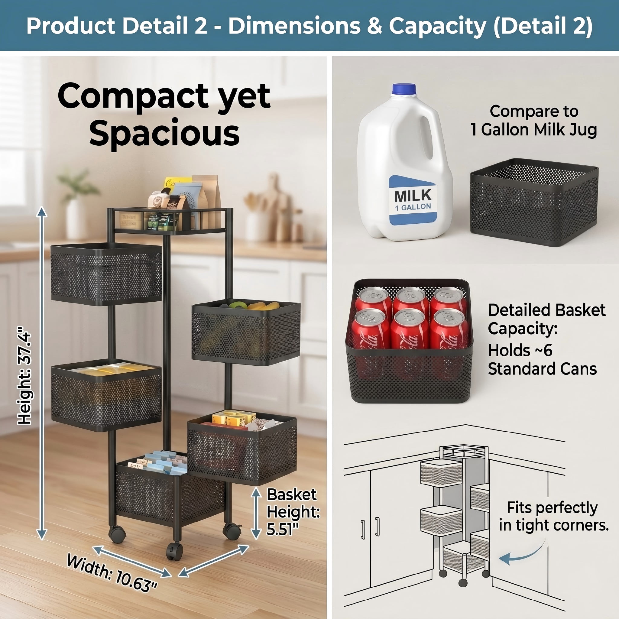 5-Tier Rotating Storage Cart, Square Metal Kitchen Utility Cart on Wheels, 360° Swinging Wire Basket Organizer Rack for Fruit, Vegetable, Pantry, Bathroom and Living Room, BLACK