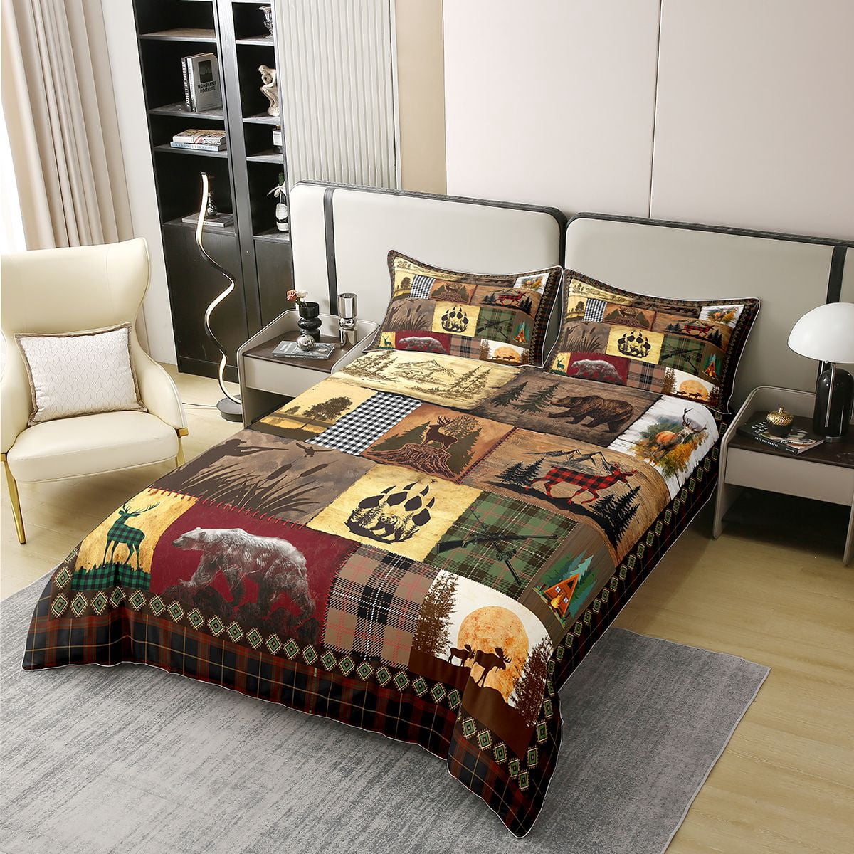 Rustic Cabin Lodge Bedding Set Patchwork Duck Bear Deer Moose Comforter Cover King For Adults Men Retro Farmhouse Buffalo Plaid Duvet Cover Hunting Woodland Wildlife Animal Bed Set 2 Pillow Cases