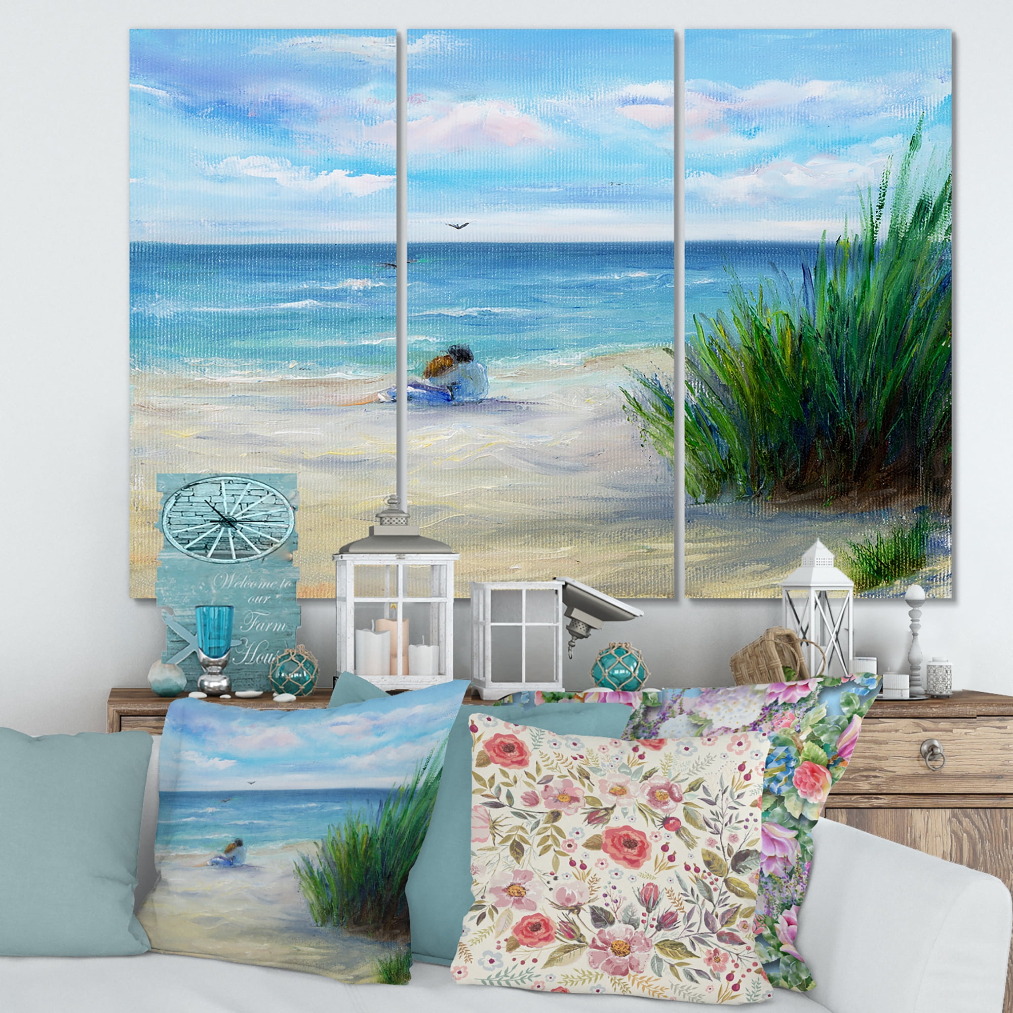 Designart ' Couple Sitting In Love By The Beach ' Nautical & Coastal Canvas Wall Art Print