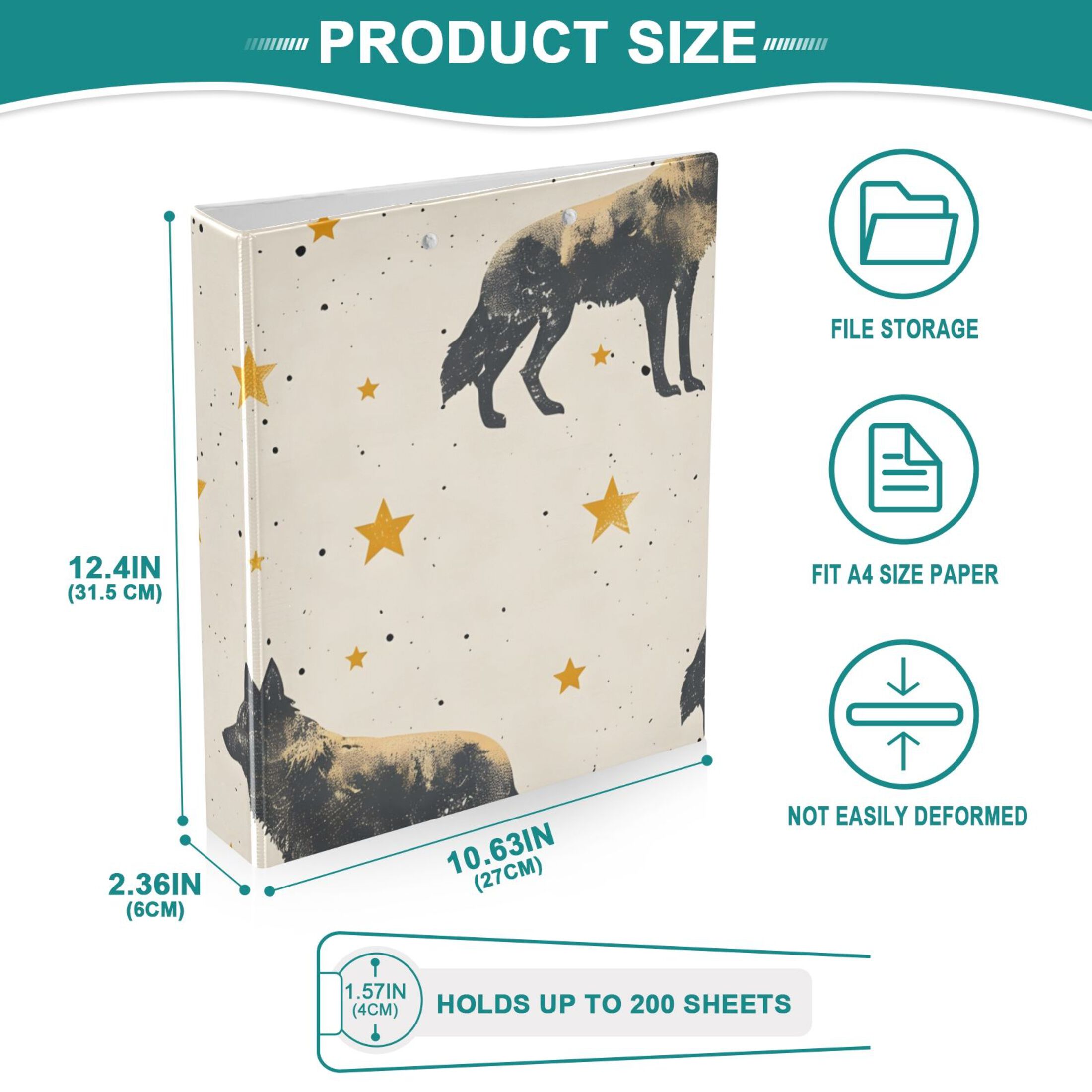 Wolf Stars 3 Ring Binders 1.5 inch Hardcover File Folders with Interior Pockets A4 Size Organizer for School Office Hospital