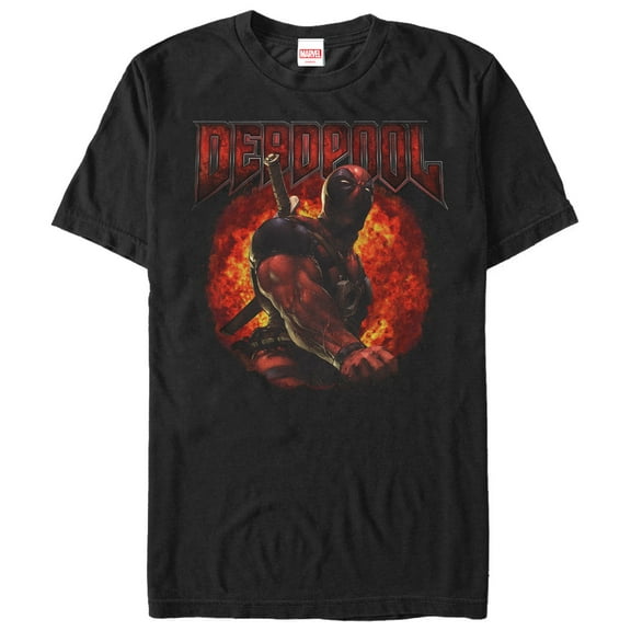Men's Marvel Deadpool Flames  Graphic Tee Black X Large