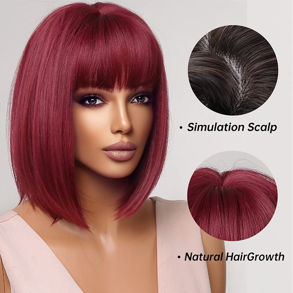 Burgundy Short Bob Wigs For Women Wine Red Wigs with Bangs Synthetic Hair Cosplay Wig
