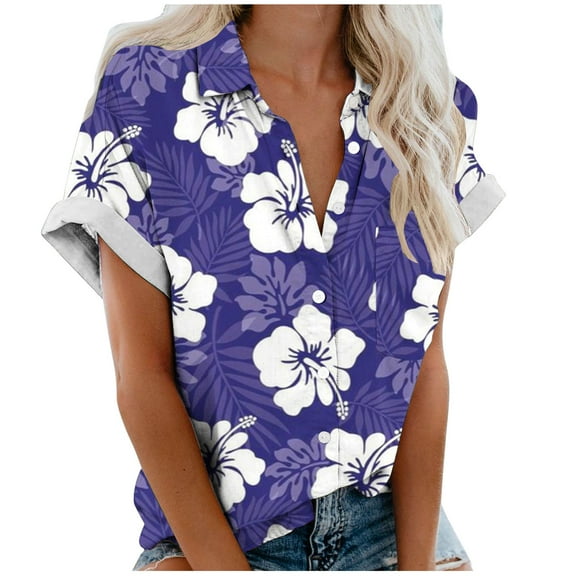 DianGeFu Women’s Plus Size Short-Sleeve Button-Front Camp Shirt,Fashion Women's Regular Casual Comfort Hawaii Printed Short Sleeved BlousesTop,Purple,S