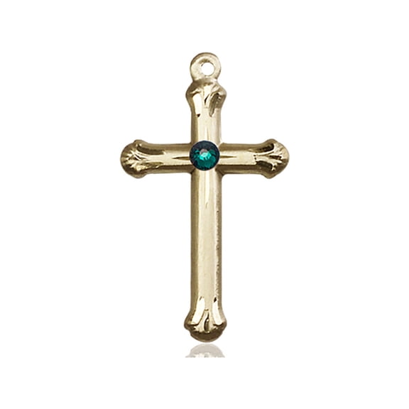 14kt Yellow Gold Cross Medal with 3mm May Green Swarovski Crystal 1 x 5/8 inches