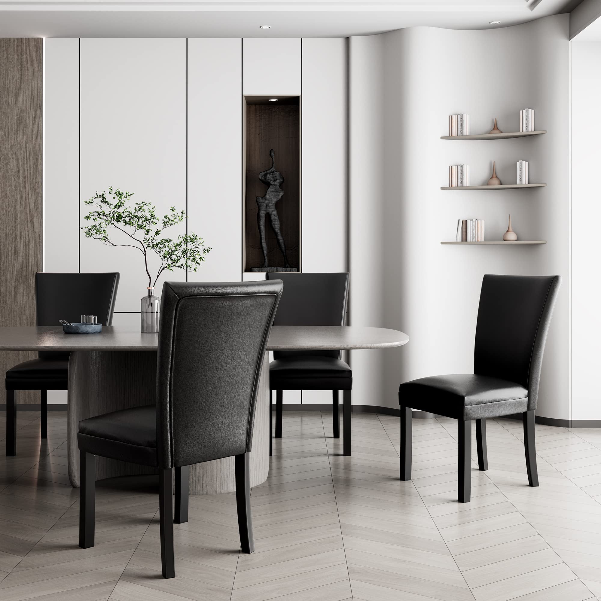 JESONVID Faux Leather and Solid Wood Dining Chairs, Black (Set of 4)