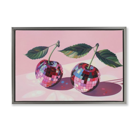 Stupell Industries Disco Ball Cherry Pair Food & Beverage Painting Gray Floater Framed Canvas Art Print Wall Art, 31 x 21