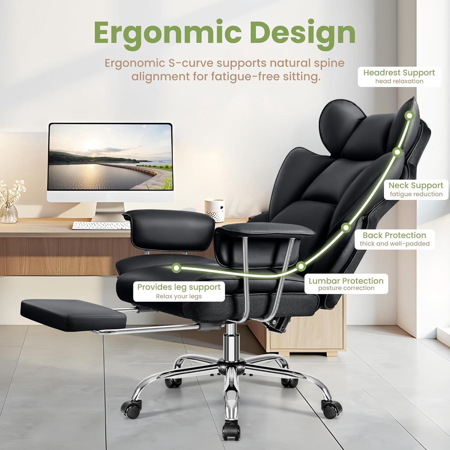 Woodty Executive Chair, PU Leather, High Back & Lumbar Support, Adjustable Armrests, Black