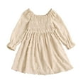 thumbnail image 1 of HXWCHs Robe d'Hiver Fille Élégante Robe Smockée à Volants avec Imprimé Floral Lettrage Brodé Manches Longues Encolure Carrée à Volants Tenue Décontractée de Fête Kaki 9-10 Ans, 1 of 7