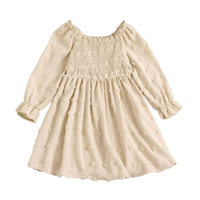 HXWCHs Robe d'Hiver Fille Élégante Robe Smockée à Volants avec Imprimé Floral Lettrage Brodé Manches Longues Encolure Carrée à Volants Tenue Décontractée de Fête Kaki 9-10 Ans