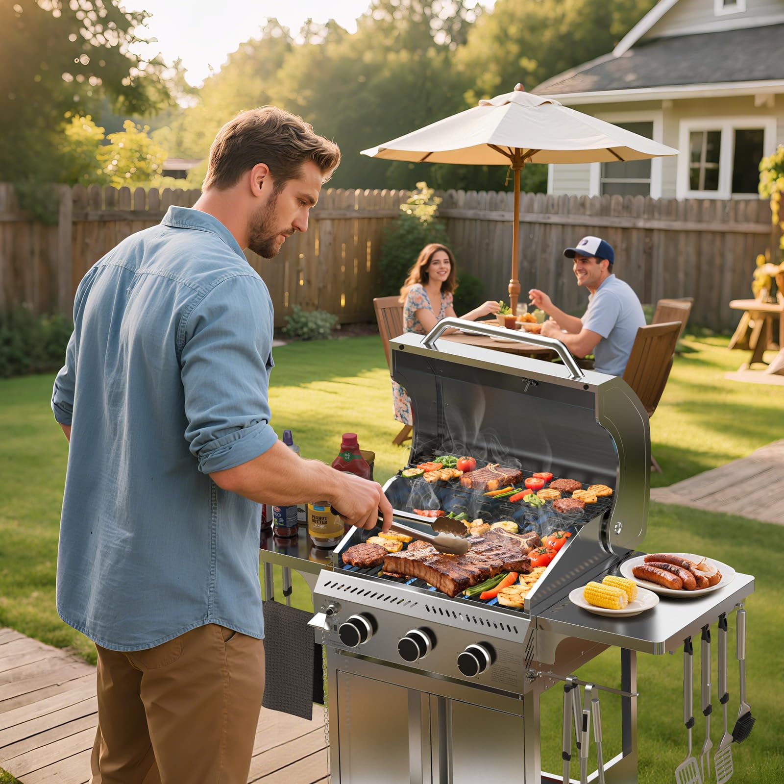 LHRIVER 3 Burner Propane Gas Grill with Side Table, 24000 BTU BBQ Grill for BBQ, Outdoor Cooking