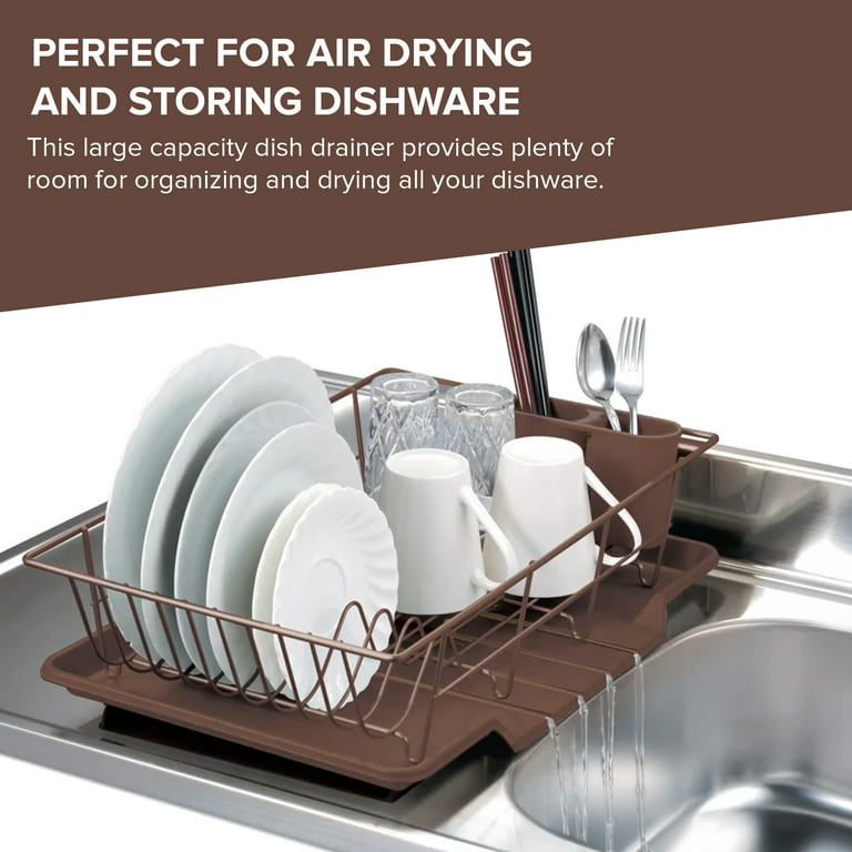 Joey'z 3-Pc Extra Large Dish Drying Rack with Drainboard and Utensil Holder  Set, Brown 