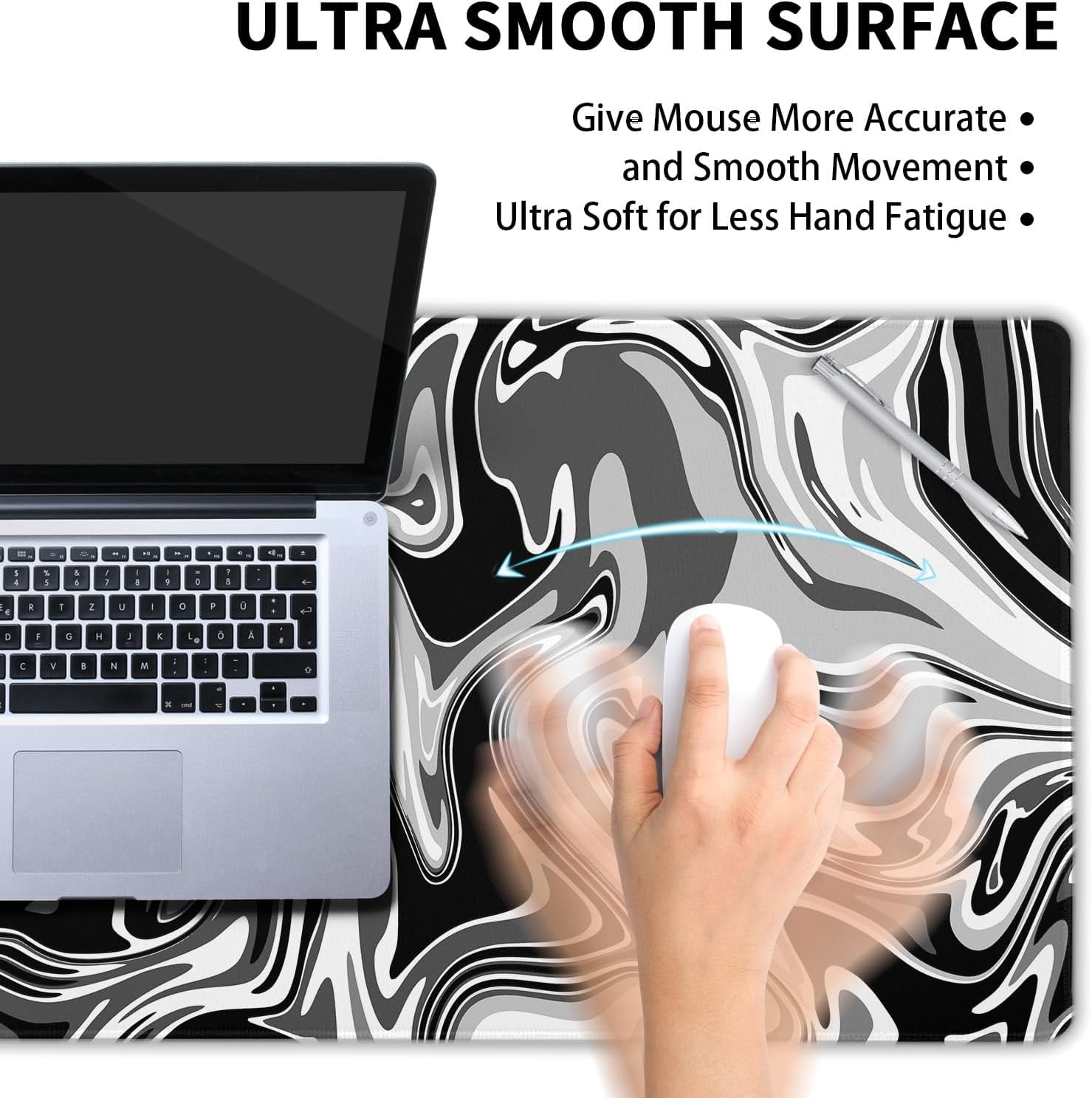 Black White Swirl Gaming Mouse Pad XL Gray Marble Grey Fluid Design Extended Large Mouse Pad Big Desk Mat Non-Slip Rubber Base Stitched Edge Long Keyboard Playmat for Desk Computer,31.5×11.8 Inch
