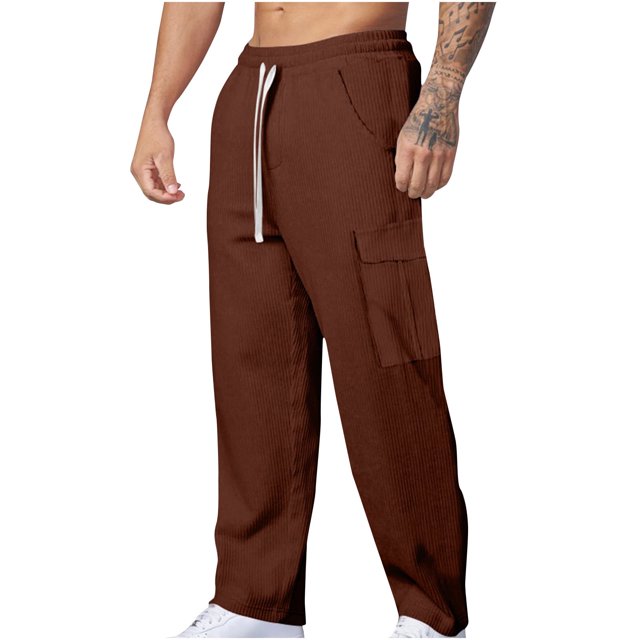 Pantalones de trabajo para hombre, de longitud completa, de color liso, con cintura elástica, rectos, con cordón y bolsillo.