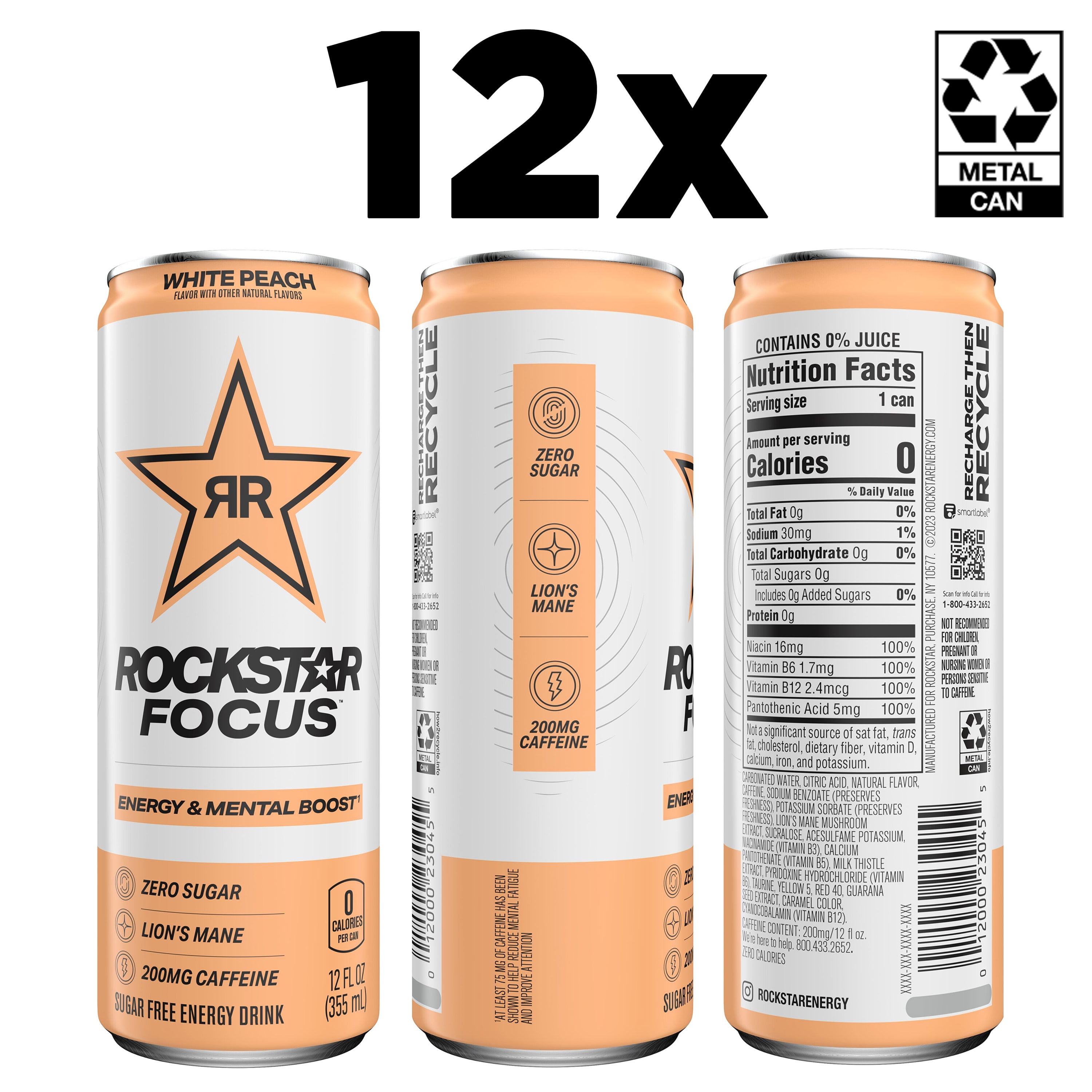 Rockstar Focus Zero Sugar Energy Drink, White Peach Flavor