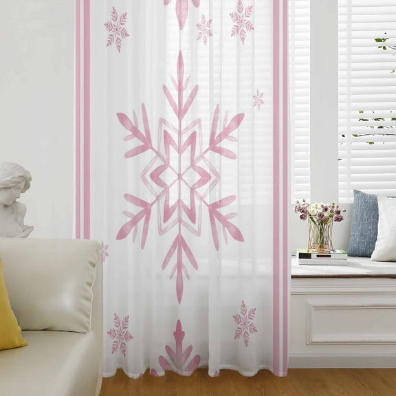 Pink Snowflake Christmas Semi Sheer Curtains Drapes for Living Room, Bedroom, French Doors Window 54 Inches Long, Xmas Winter Art Rod Pocket Chiffon Curtain Drapery Voile Draperies Panel