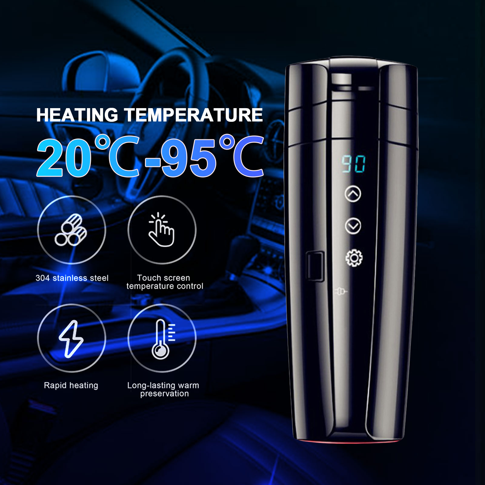 400ml Stainless Steel Portable Car Heating Cup 12V 24V Electric Water Cup LCD Display Temperature Kettle Coffee Tea Milk Heated