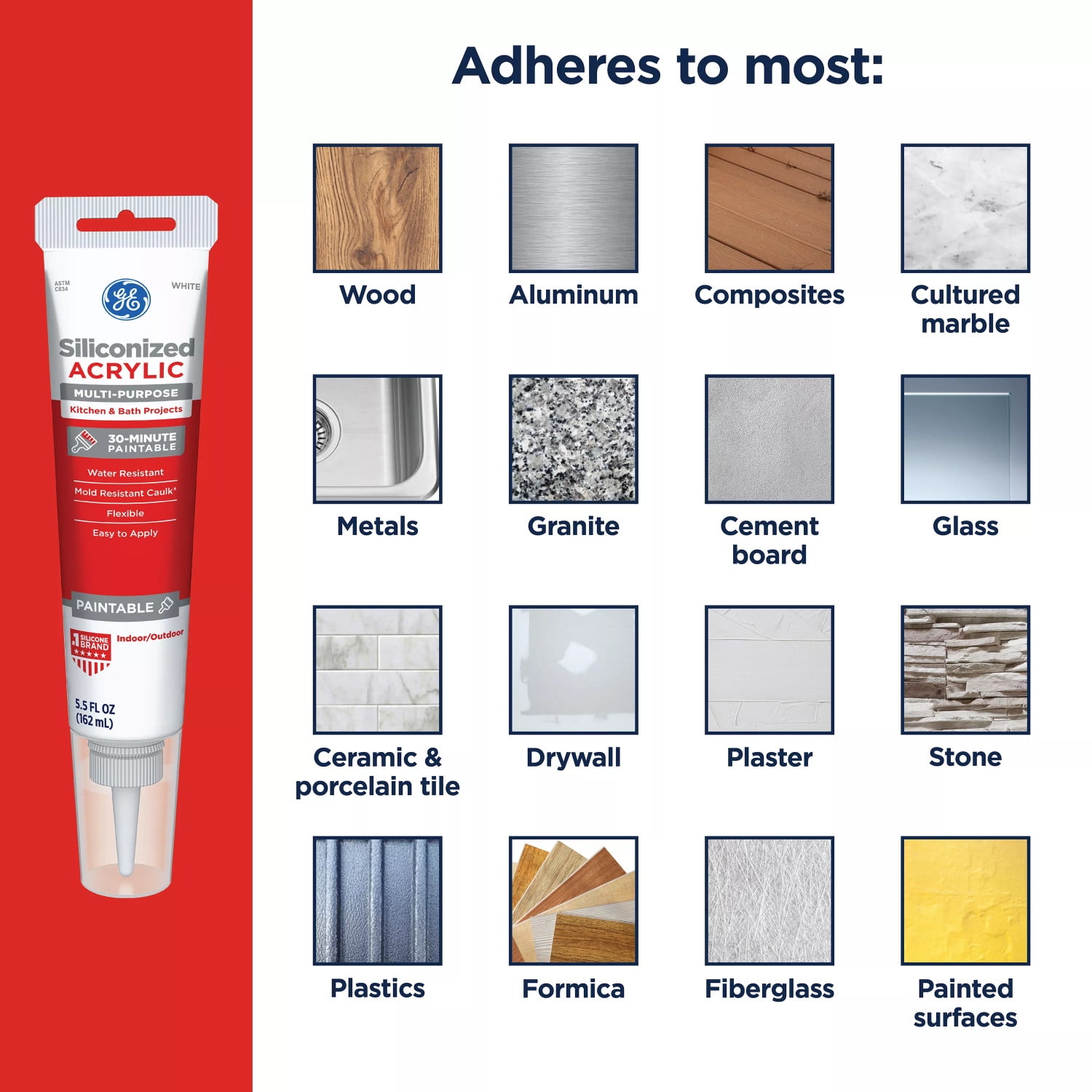 GE Siliconized Acrylic Multipurpose Sealant Kitchen & Bath, Pack of 1, White 5.5 fl oz Tube