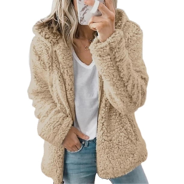 Abrigo de oso de peluche para mujer, cárdigan suave y cálido, capucha de piel polar, chaqueta hinchada, Tops de invierno