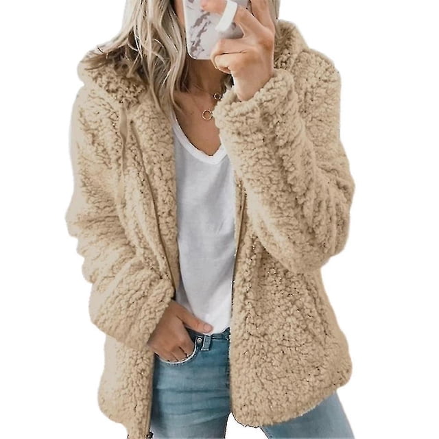 Abrigo de oso de peluche para mujer, cárdigan suave y cálido, capucha de piel polar, chaqueta hinchada, Tops de invierno