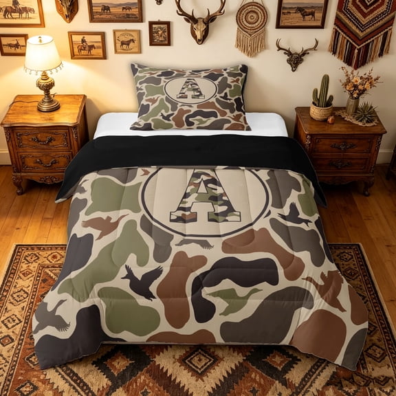 meiyoeat Green Rustic Camo Letter A Twin Comforter Sets for Men Boys, Wildlife Duck Print Bedding Set, Black Reversible, 2-Piece, 1 Comforter and 1 Pillowcase