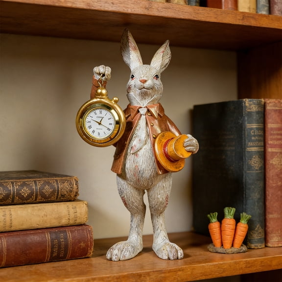 Easter Resin Gentleman Bunny with Clock - Top Hat Rabbit Figurine with Pocket Watch, Cute Decor for Home Table & Easter Holiday Decor