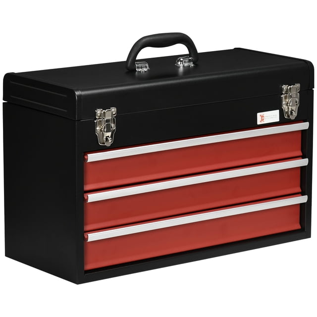 Black 20" Steel Tool Chest with 3 Drawers & Lock - Portable Tool Box for Garage, Workshop & Home Improvement Storage
