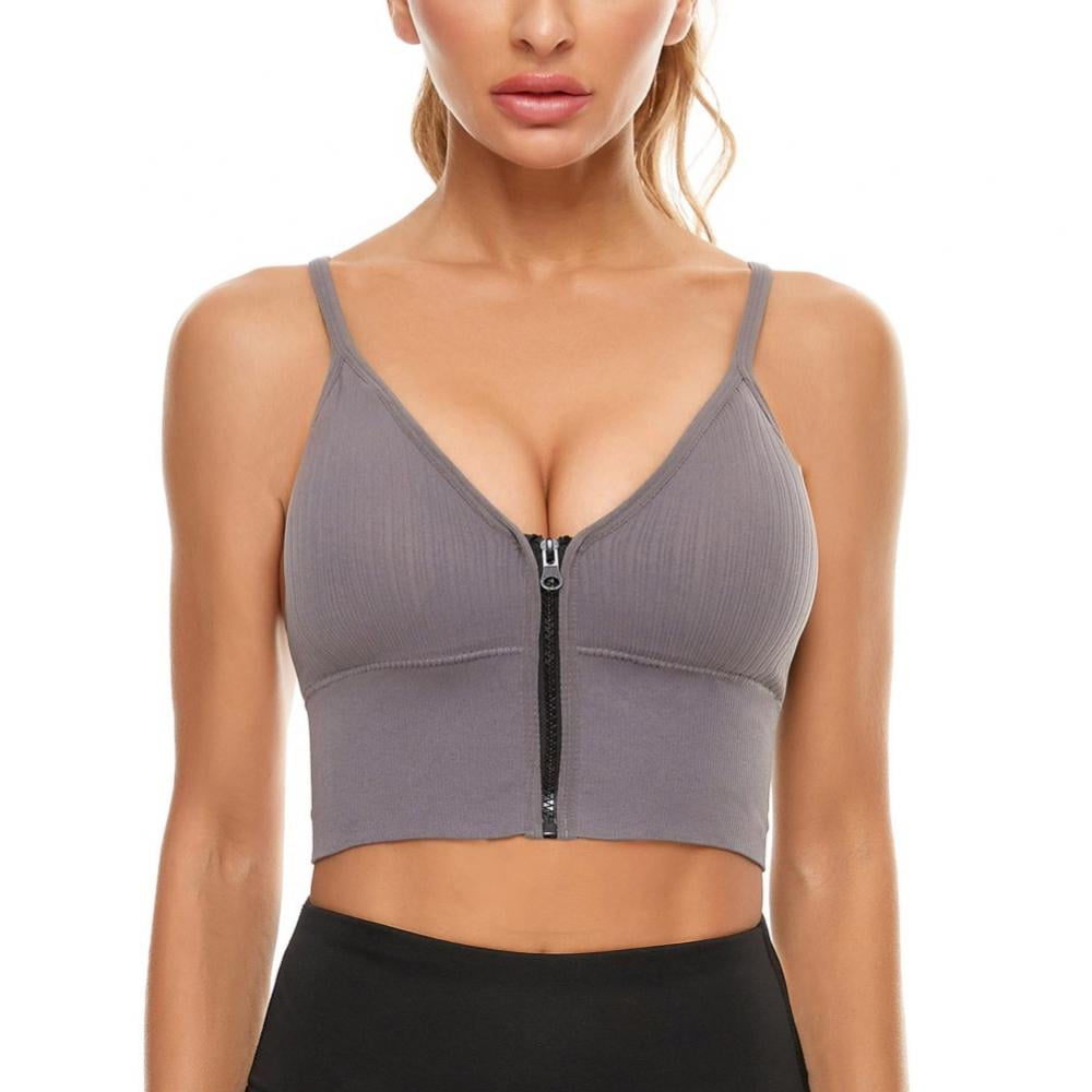Sports Bra Padded Women Lady Front Zip Yoga Cami Push Up Vest Support Top Black 