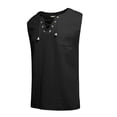 thumbnail image 4 of Men's V-neck strapped solid color cotton and linen sleeveless shirt tops Henley shirt Black 3X, 4 of 5