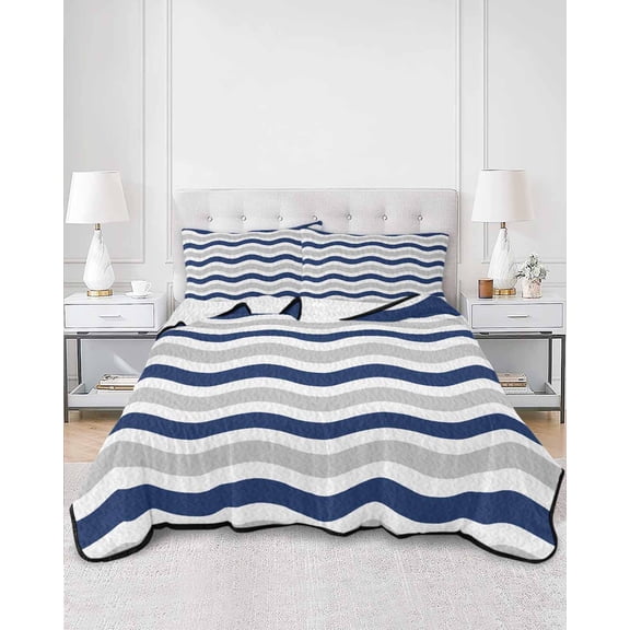Quilts Twin Size, Navy Blue Grey White Soft Comforter Bedding Set for Bed, Abstract Geometric Ocean Wave Stripe Lightweight Quilted Bedspread with Pillow Cover(2 Pieces) for All Season, 68x86 Inch