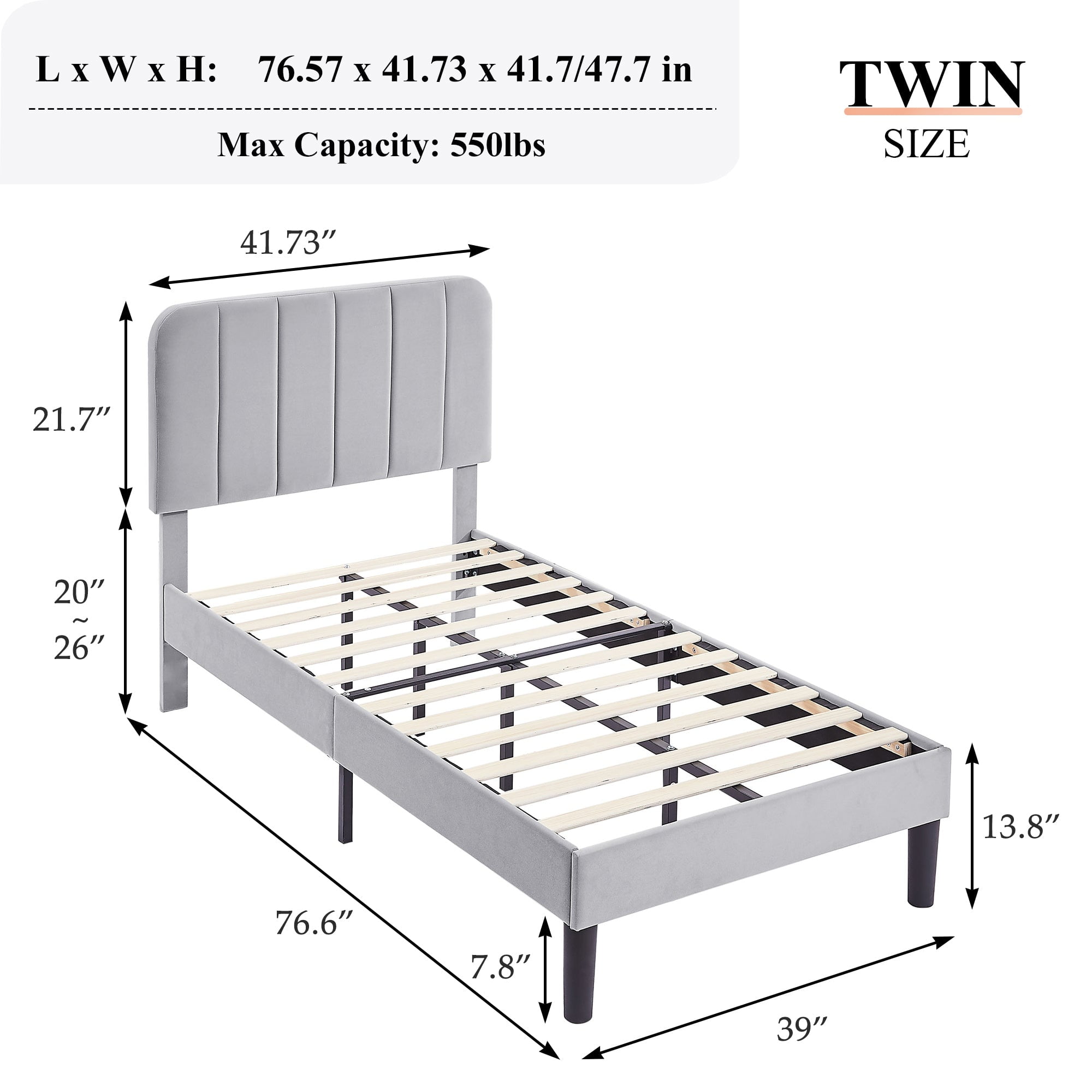 VECELO Twin Size Bed Frame, Upholstered Platform Bed Frame with Adjustable Headboard, No Box Spring Needed, Easy Assembly, Light Gray