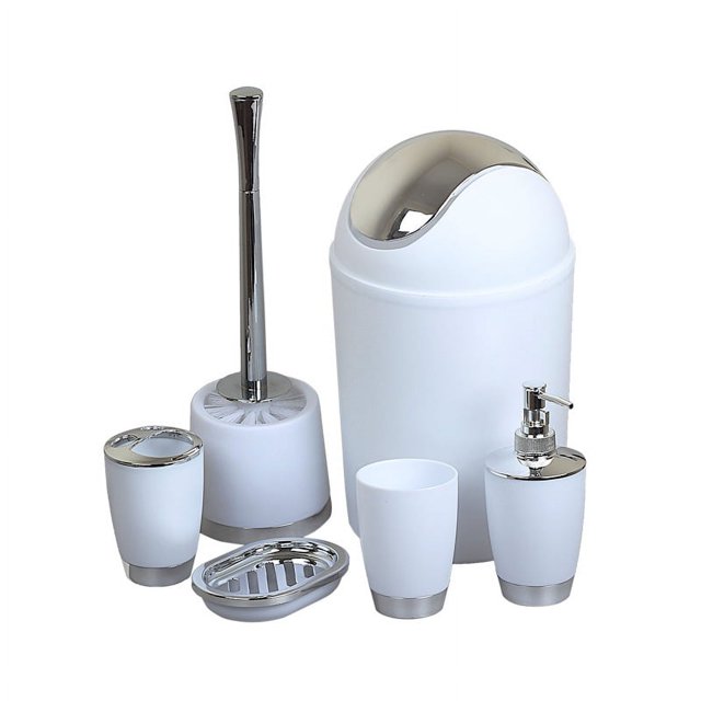 Juego de baño impreso, juego de baño de plástico, cepillo de dientes redondo, taza, utensilios, cepillo de inodoro, juego de seis piezas