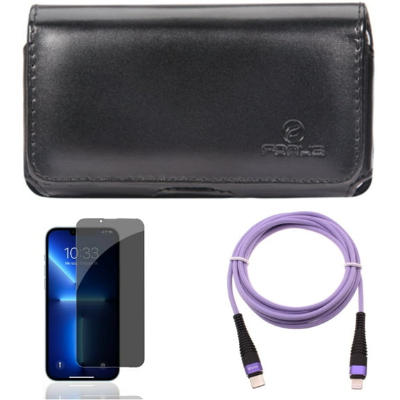 Privacy Screen Protector & Purple 10ft PD Cable & Case Belt Clip for iPhone 13/Pro - Combo with Tempered Glass Curved Anti-Spy & USB-C Extra Long Cord Fast Charger & Leather Swivel Holster