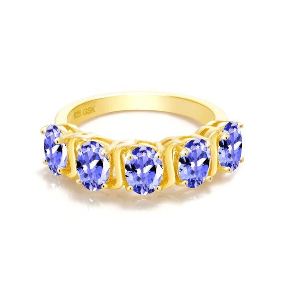 Gem Stone King Blue Tanzanite 18K Yellow Gold Plated Silver Women's Ring 2.25 Ct Oval (Size 5)
