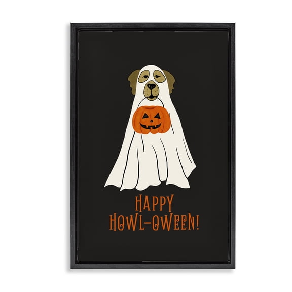 Stupell Industries Eclectic Happy Howl-oween Ghost Dog Black Floating Frame Canvas Art, 17 x 25, by JJ Design House LLC