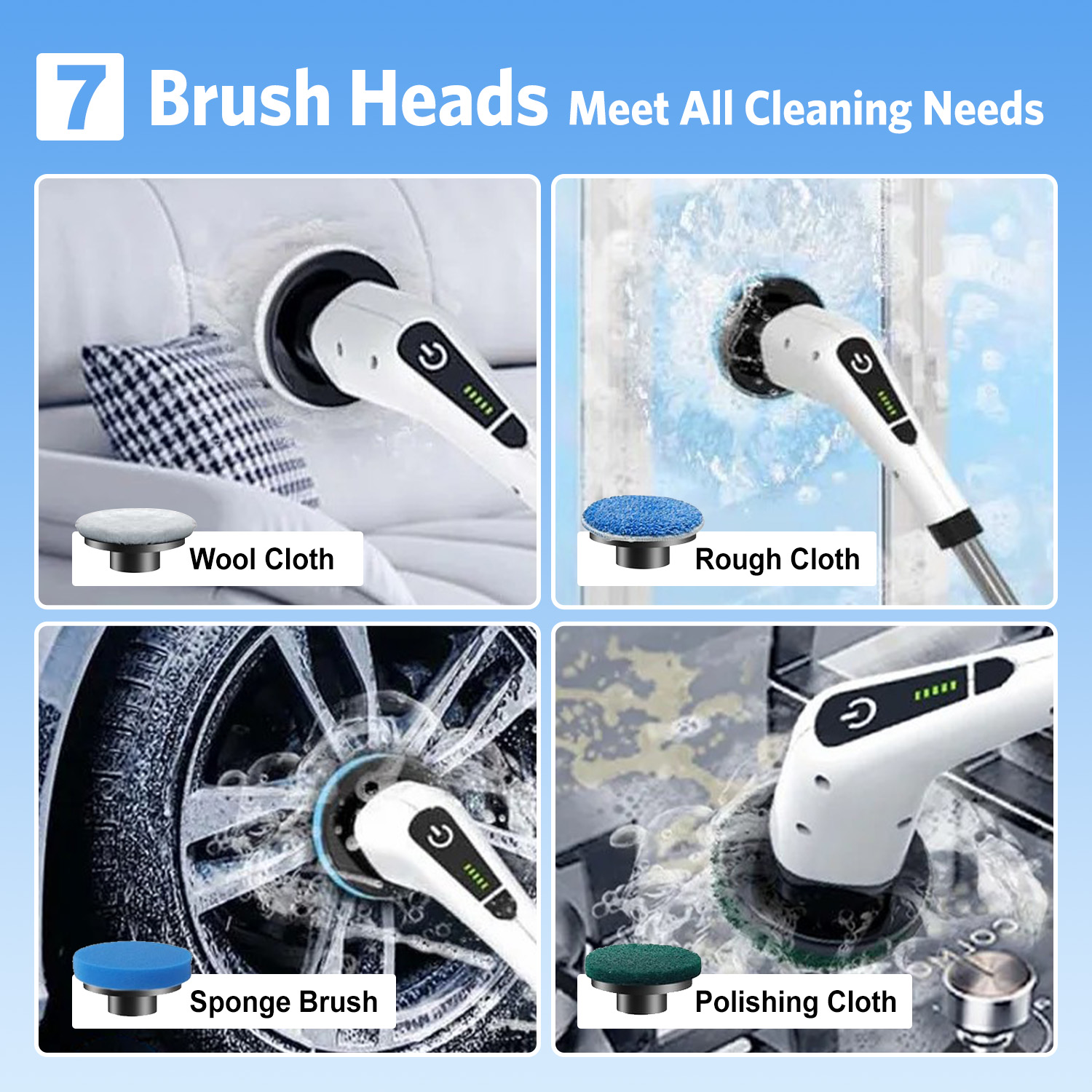 HOOFUN Electric Spin Scrubber, Cordless Bath Tub Power Scrubber with Long Handle & 7 Replaceable Heads, Detachable as Short Handle, Shower Cleaning Brush Household Tools for Bathroom & Tile Floor