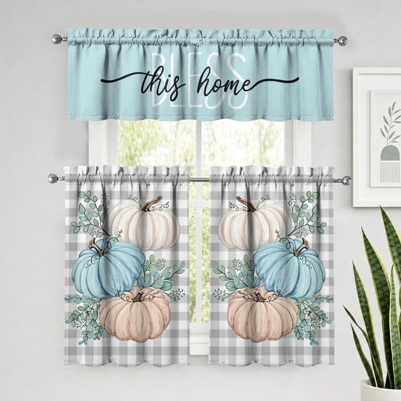 Fall Pumpkin Thanksgiving Kitchen Curtain Set, 3 Piece, Valance 52 x 18 inches and 2 Tier Curtains 27.5 x 39 inches, for Kitchen and Living Room