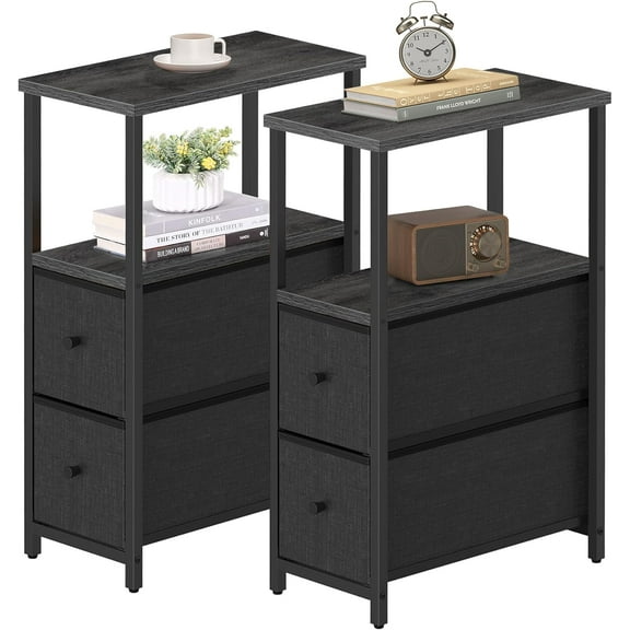 Small Narrow End Table, Set of 2, Side Table, Nightstand with 2 Cloth Drawers, Couch Table, for Living Room, Bedroom, Bedside, Charcoal Grey