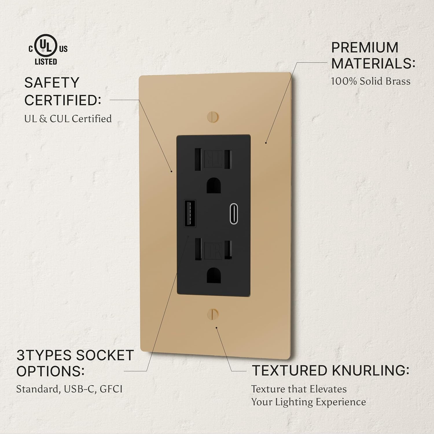 Solid Brass Outlet – Decorative Wall Plate for Standard Electrical Outlets – UL Listed | Residential & Commercial Use - Durable Heavy-Duty Brass, Easy Installation | 120 VAC - US Style