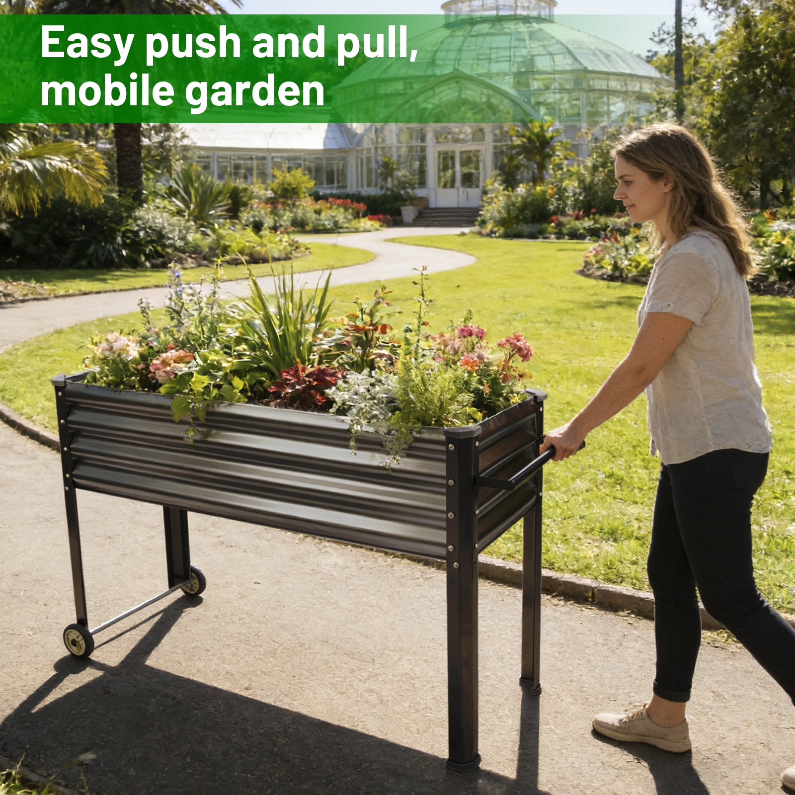 Land Guard Mobile Galvanized Raised Garden Bed with legs & Wheels, 36"Large Metal Elevated Raised Planter Box for Backyard, Patio, Balcony, 400lb Capacity(Deep Grey)