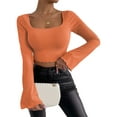 thumbnail image 2 of BEAFNKSG Women Flare Long Sleeve Crop Tops Low Cut Slim Ribbed Cropped Tee Basic Blouse Streetwear, 2 of 6