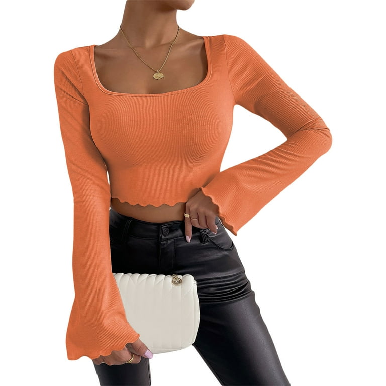 トップス Rame long sleeve tops Women´s Flare Long Sleeve Crop Tops, Solid Color Ribbed Square