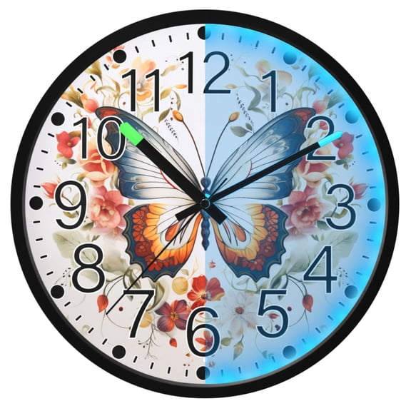 Ryvnso Beautiful Floral on A Butterfly 12 Inch Night Light Wall Clock Silent Battery Operated Luminous Clocks