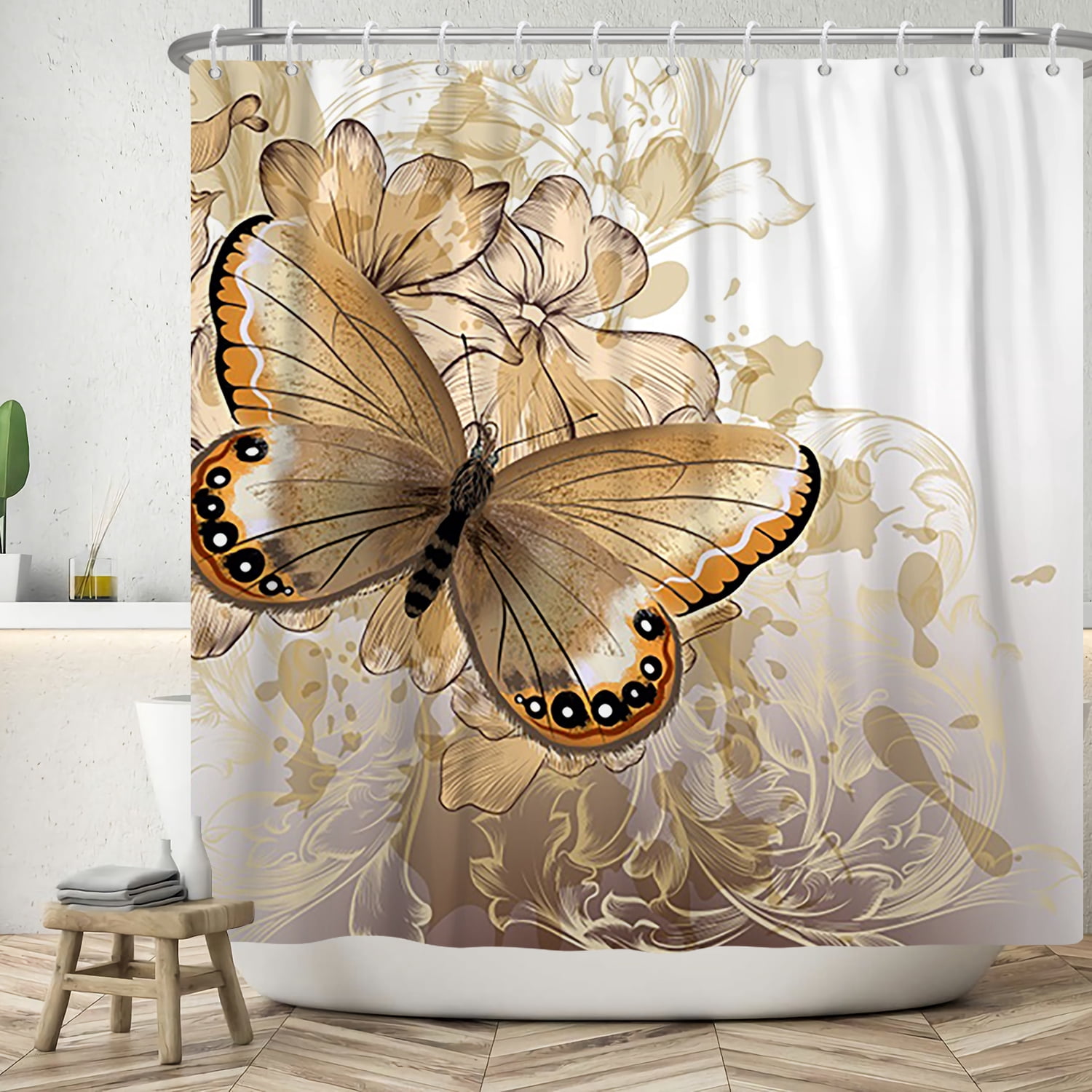Pbobriich Brown Butterfly Shower Curtain,Modern Design Bathroom Shower Curtain with Hooks,72Wx78L