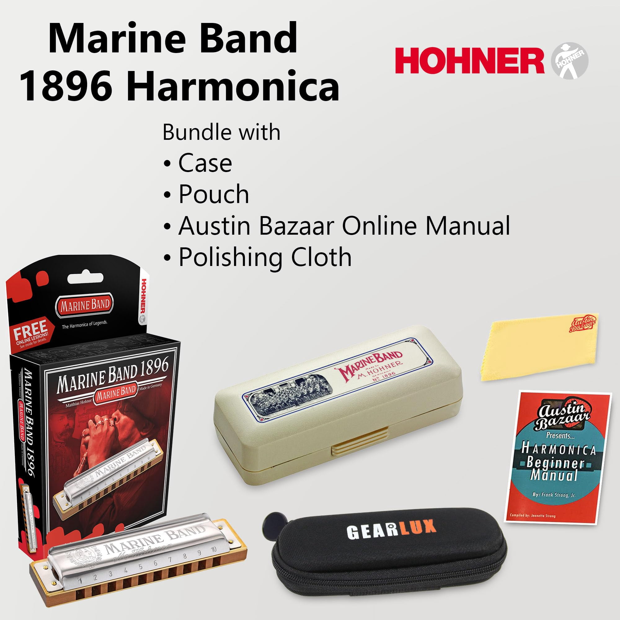 Hohner Marine Band 1896 Harmonica - Key of C w/ Instructional Manual