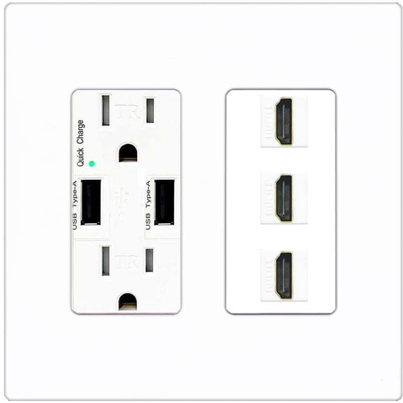 RiteAV 3 Port HDMI Wall Plate - USB Charger [Screwless White]