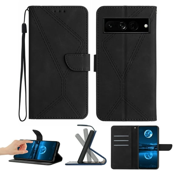 For Google Pixel 7 Pro Wallet Case with [RFID Blocking] Leather Flip Folio Strong Magnetic Closure Cover Credit Card Holder with Hand Strap Kickstand Men Women For Google Pixel 7 Pro, Black